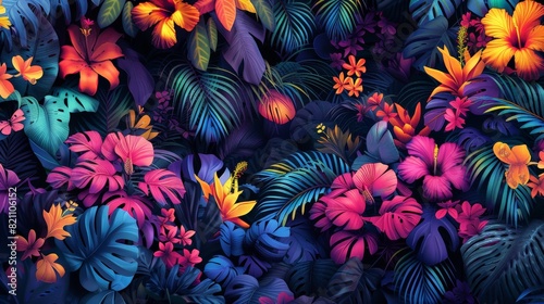 Colorful digital illustration of a tropical jungle filled with vivid flowers and lush foliage  showcasing a vibrant  exotic paradise.