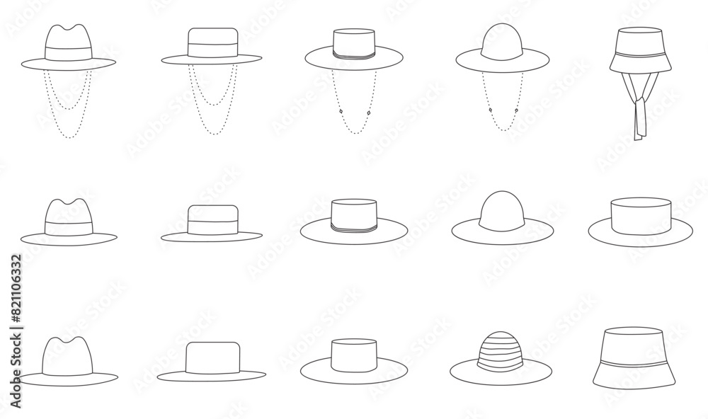 Summer hats set, vector icon. Hats with chains. Trend 2024. Summer hats set, vector icon. Hats with chains. Trend 2024.