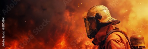 A firefighter gazes at a blaze  showcasing protective gear and the intensity of the fire