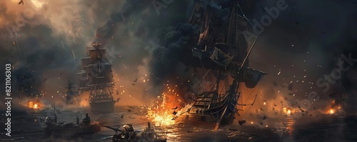 Pirate fighter ship raiding a cargo convoy, chaotic scene, dark smokey background with sparks photo