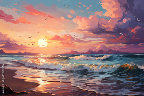 A Peaceful Beach with Gentle waves at Sunset  Soft Pastel Colors  Calming Atmosphere 