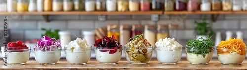 Probiotic food station Front view of a kitchen counter preparing various probioticrich foods like kefir, yogurt, and kombucha  Gut Health  Advanced tone  Tetradic color scheme photo