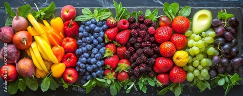 Raw food platter Top view of a beautifully arranged platter of raw fruits and vegetables  rich in colors  Raw Rainbow  Digital tone  Complementary Color Scheme