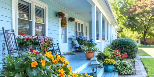 Cozy front porch with rocking chairs swing potted plants colorful flowers. Concept Front Porch Decor, Rocking Chairs, Swing Set, Potted Plants, Colorful Flowers