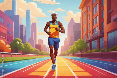 cartoon in artistic style of a race track in the middle  a man running illustration