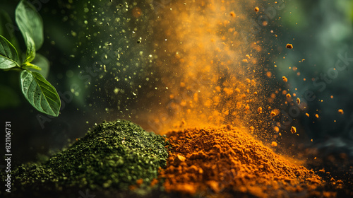 Product photo of some tobacco  powder in the air and in the middle on the left. Small amount of green-brown powder coming out of the tobacco is spraying towards the left. Generative AI Illustrations.