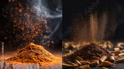 Product photo of some tobacco  powder in the air and in the middle on the left. Small amount of green-brown powder coming out of the tobacco is spraying towards the left. Generative AI Illustrations.