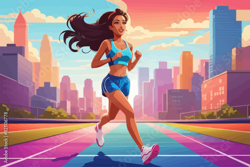 cartoon in artistic style of a race track in the middle  a woman running illustration