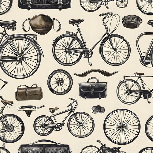 A black and white image of various bicycle in tile pattern, textile pattern