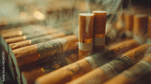 Tobacco money, a new type of cigarette that is a big reversal on the disasters of the world backgrounds. To the Era without Tobacco Tax. Generative AI Illustrations. photo