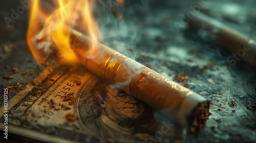 Tobacco money, a new type of cigarette that is a big reversal on the disasters of the world backgrounds. To the Era without Tobacco Tax. Generative AI Illustrations.