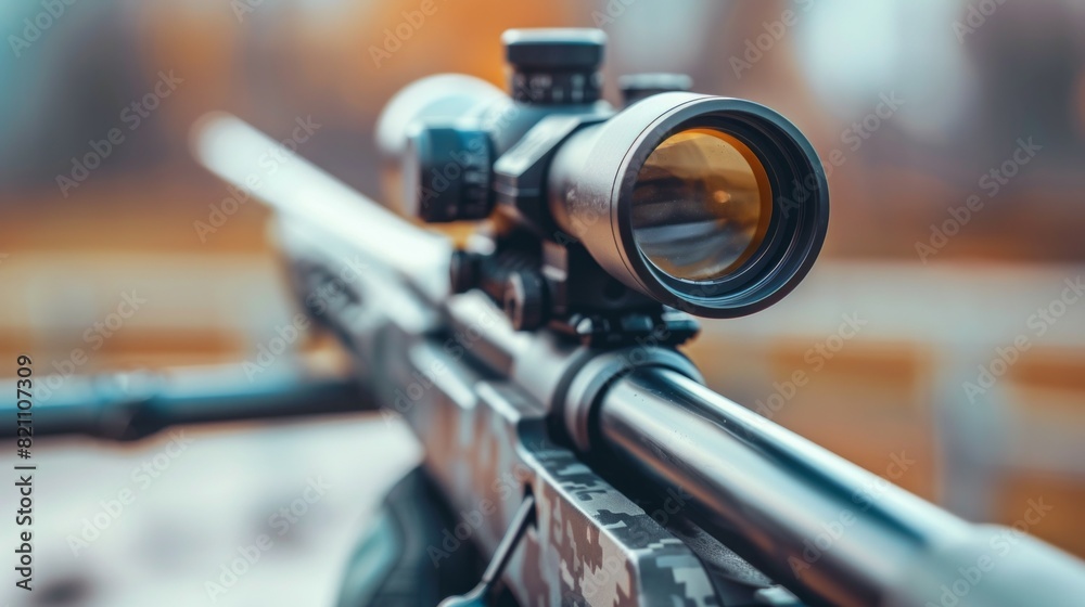 A rifle with a scope is on display A rifle with a scope is on display
