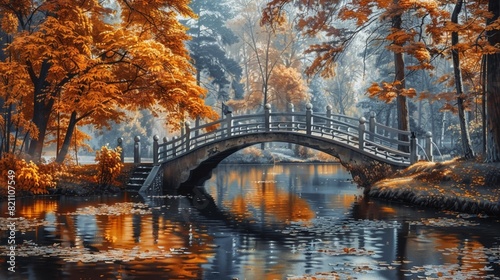 Chinese bridge in the autumn park Alexandria, Bila Tserkva, Ukraine