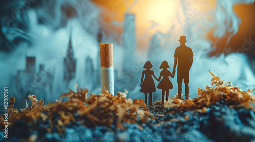 Paper cut of family destroyed by cigarettes. Drugs destroying family concepts. Quit smoking for life on world no tobacco day concepts. Generative AI Illustrations. #821107561
