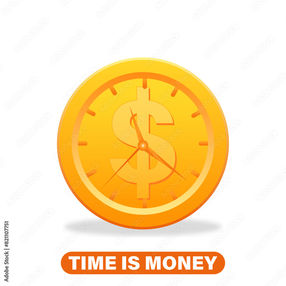 Time is money concept, dollor gold coin with clock flat style vector ...