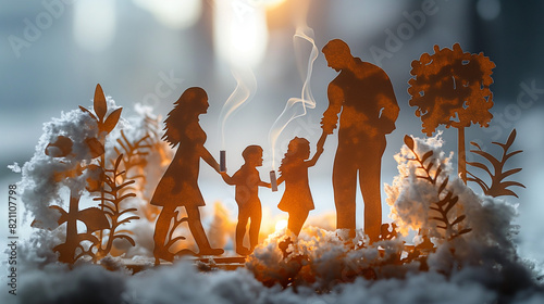 Paper cut of family destroyed by cigarettes. Drugs destroying family concepts. Quit smoking for life on world no tobacco day concepts. Generative AI Illustrations.