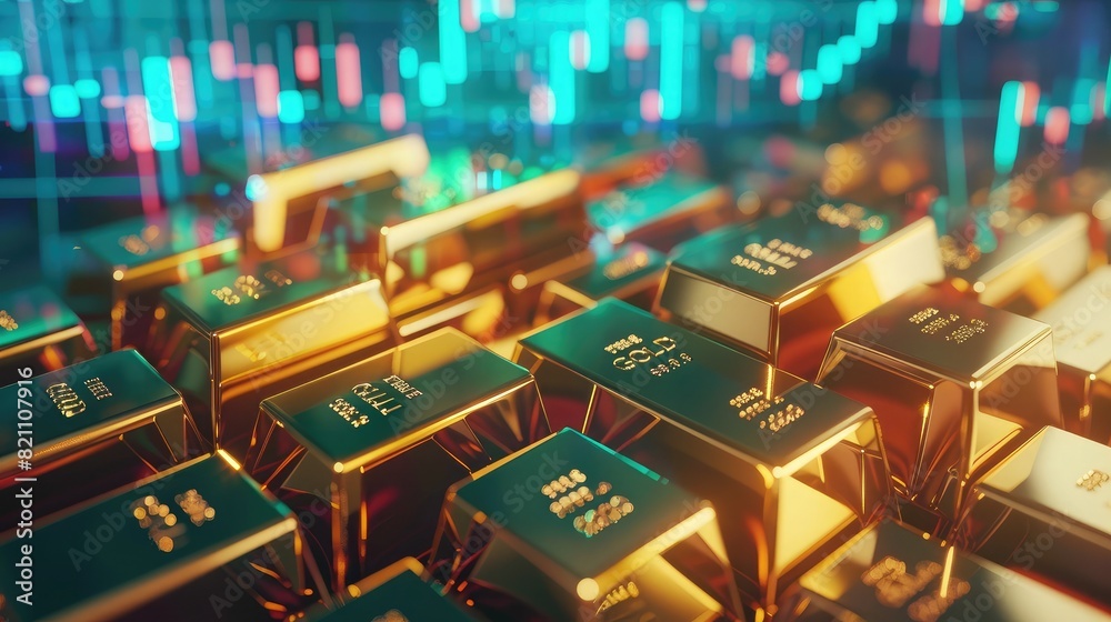 close-up of stacked gold bullion bars superimposed with fluctuating stock market charts. close-up of stacked gold bullion bars superimposed with fluctuating stock market charts.