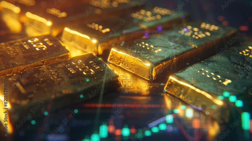 Close-up view of gleaming gold bars arranged amidst overlaying financial charts, indicating investment potential. Close-up view of gleaming gold bars arranged amidst overlaying financial charts, indicating investment potential.