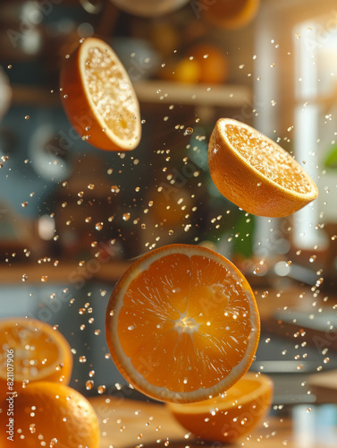 Sliced orange halves with water droplets in motion.