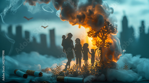 Paper cut of family destroyed by cigarettes. Drugs destroying family concepts. Quit smoking for life on world no tobacco day concepts. Generative AI Illustrations. #821107998