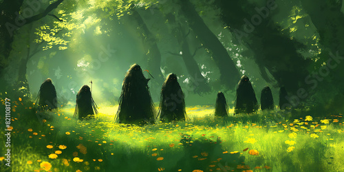 Abstract image: A group of forest gods wearing black robes. in the green forest photo