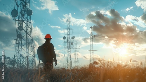 Dedicated engineer carrying a hard hat while walking past a line of signal transmission towers. photo