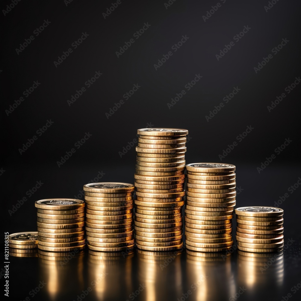 Stacks of gold coins on a black background. Stacks of gold coins on a black background.