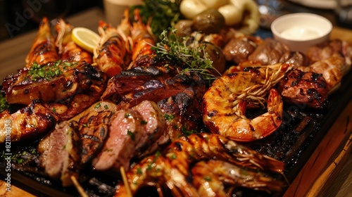 delicious platter featuring a variety of grilled meats and seafood, perfect for sharing.