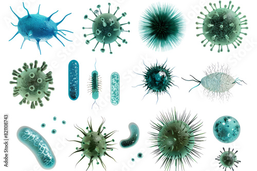 set of microbe and virus icons with a focus on common bacteria like E. coli and Staphylococcus aureus. photo