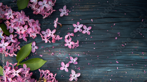 Lilac pink flower on dark wooden background with copy space as wallpaper illustration, Beautiful pink lilac flower