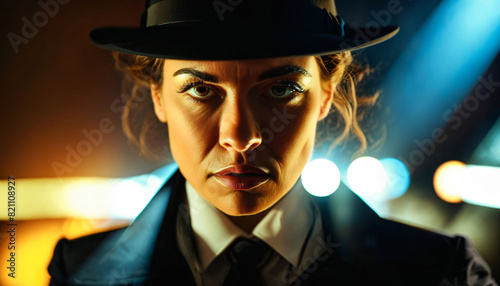 photo of portrait close up view of serious detective woman is under investigation at the scene, generative AI