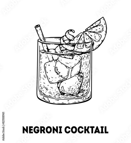 Negroni cocktail illustration. Hand drawn sketch. Vector illustration. Isolated object.