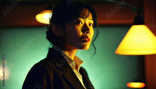 photo of portrait close up view of serious detective asian woman is under investigation at the scene, generative AI