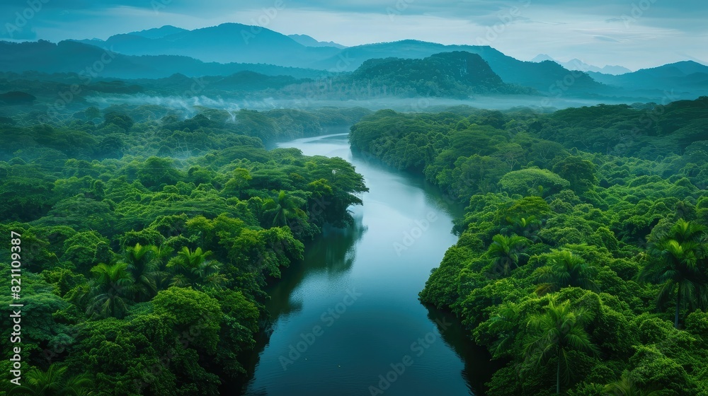 Elevated perspective: Tranquil river winding through dense jungle, a serene and peaceful scene captured from a high angle.