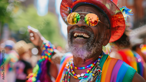 Happy senior gay african american black man dancing at pride parade in New York City. Inclusion & diversity at NYC pride month. Colourful rainbow lgbtq+ outfit photo