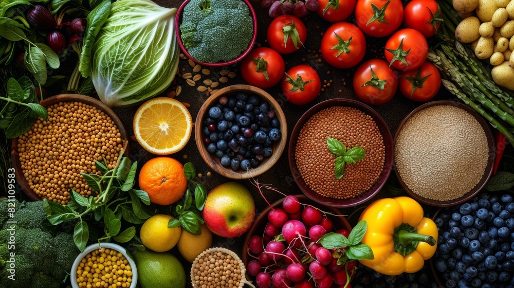 A balanced diet concept with a variety of fresh fruits, vegetables, and grains arranged in a harmonious display, illustrating the importance of nutrition for overall well-being. A balanced diet concept with a variety of fresh fruits, vegetables, and grains arranged in a harmonious display, illustrating the importance of nutrition for overall well-being.