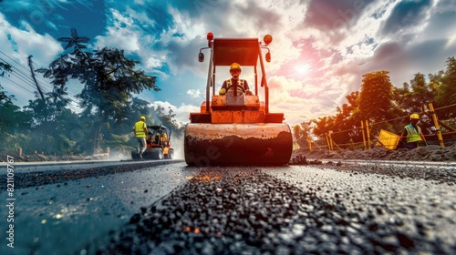 a vibrating roller machine compacting freshly laid asphalt on a sun-drenched day, against a backdrop of a clear blue sky and fluffy white clouds. photo