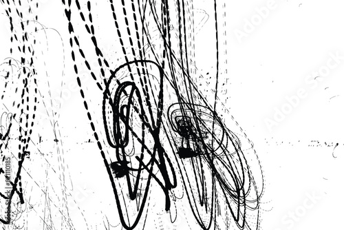 Abstract mental crazy background. Lunatic ink scribble textures as card. Deranged black and white hand drawn illustrations print. Unhinged abstract light trails painting. Pencil vector.