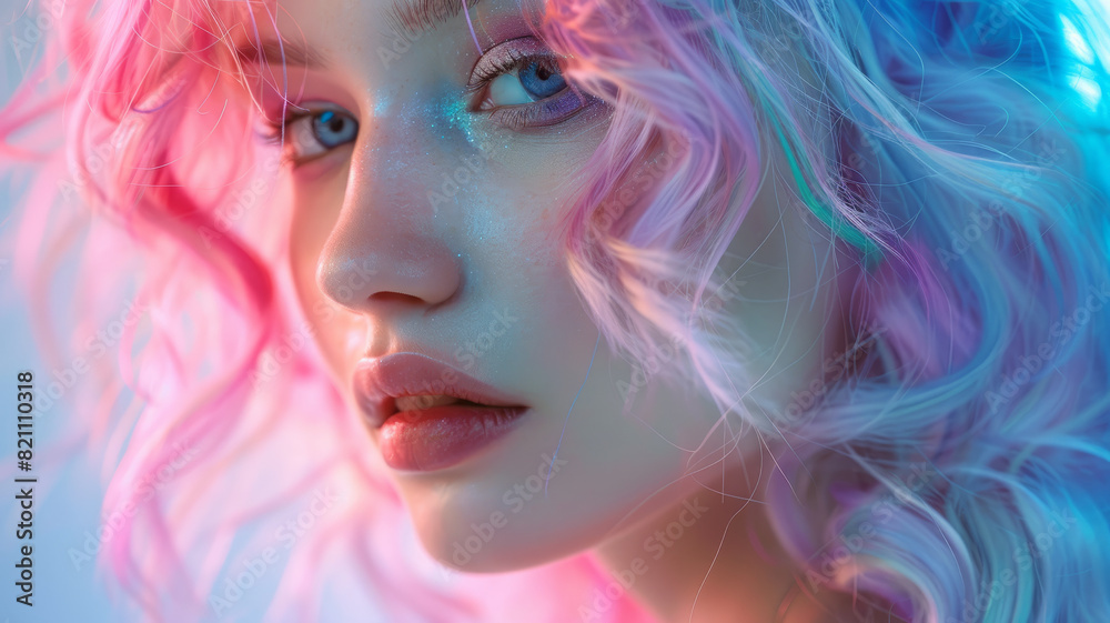 Young woman with pastel pink and blue hair, close-up portrait. Young woman with pastel pink and blue hair, close-up portrait.