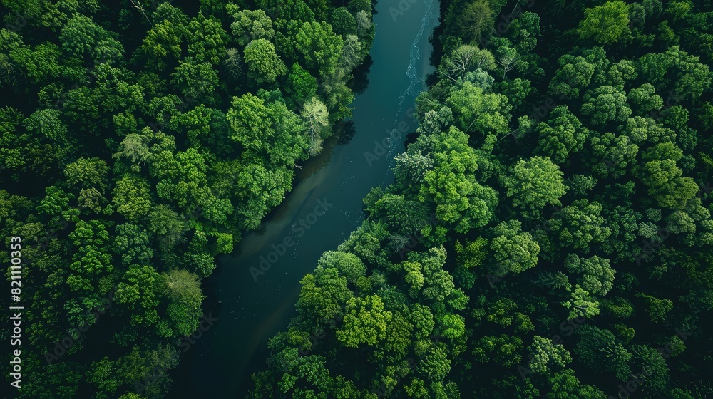 Elevated shot of a scenic river cutting through a thick canopy of trees, a peaceful oasis captured from above. Elevated shot of a scenic river cutting through a thick canopy of trees, a peaceful oasis captured from above.