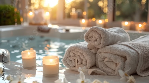 A luxurious spa setting with a bubbling hot tub surrounded by candles, rose petals, and plush towels, creating a relaxing and indulgent atmosphere for pampering oneself.