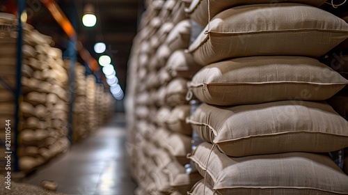 Package background: White stacked bags of grain in a storage warehouse for rice in an industrial store factory