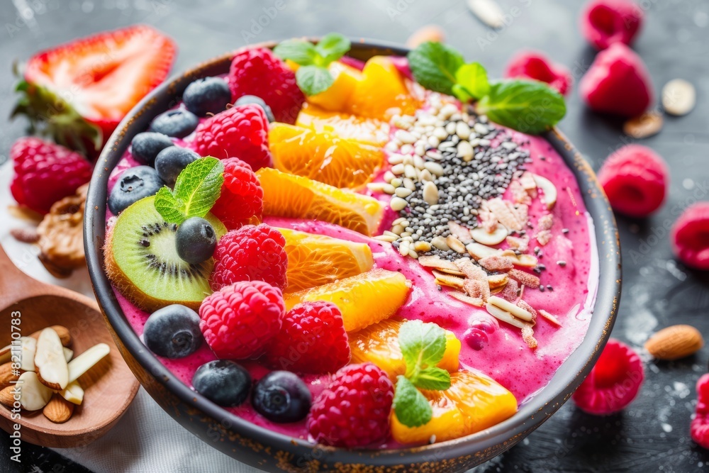 vegan acai bowl closeup with fresh fruit and berries, seeds and oat flakes vegan acai bowl closeup with fresh fruit and berries, seeds and oat flakes