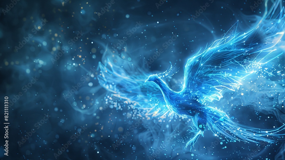 Digital Phoenix in Shades of Electric Blue Rising from Pixels, Embodying Rebirth and Innovation in Technology, with Ample Copy Space