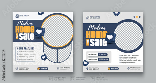 Real estate social media post template design. Modern home sale flyer with logo, icon & abstract background for business marketing. Minimal and Trendy social media design. Instagram banner design. photo
