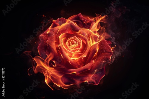 rose on fire - flower outline made of neon orange flames and fire isolated on black. Love, feelings and passion emotions concept. 
