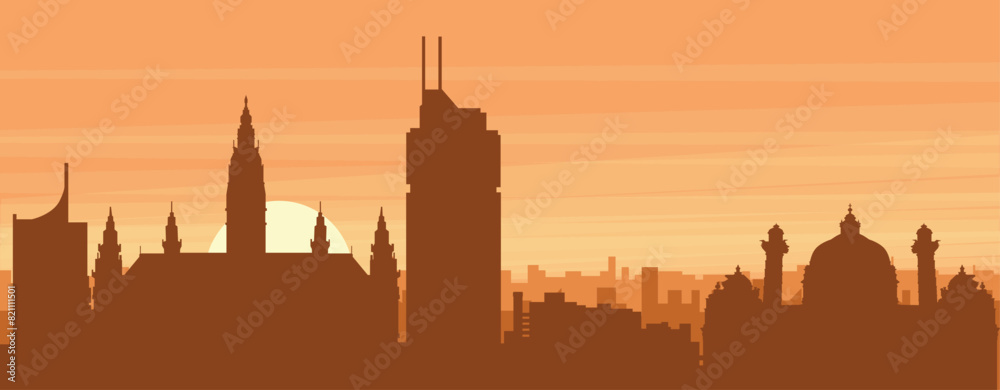 Brown panoramic city skyline poster with misty background buildings, sunrise, clouds and mountains of VIENNA, AUSTRIA Brown panoramic city skyline poster with misty background buildings, sunrise, clouds and mountains of VIENNA, AUSTRIA