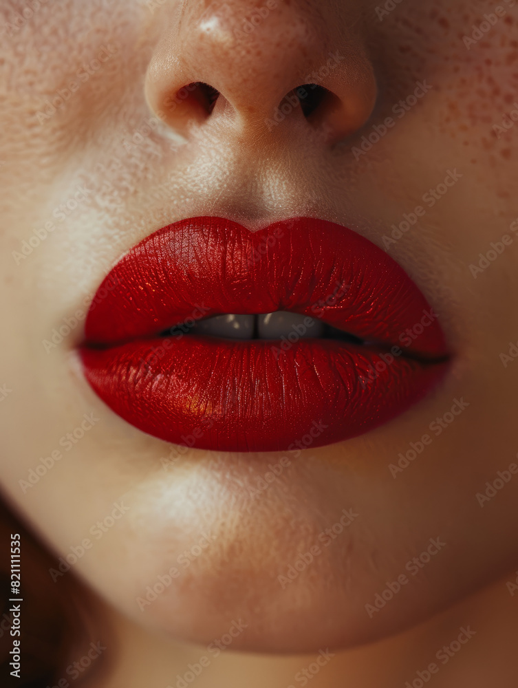 Obraz premium Close-up photograph showcasing red lipstick on a woman's lips.