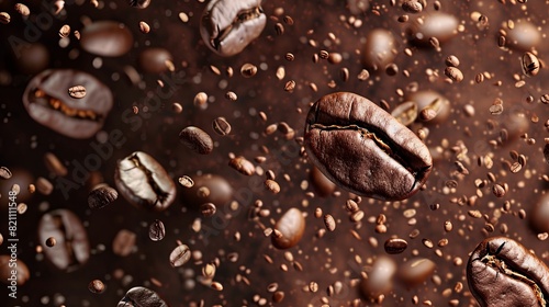 Roasted coffee beans falling on a brown background. Panoramic banner