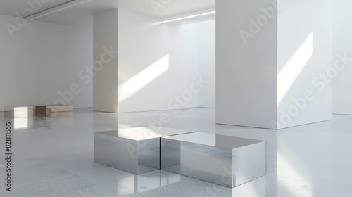 Modern Reflective Podium A series of sleek, mirrorlike podiums in a stark white gallery space, designed to showcase highend cosmetics or fragrances
